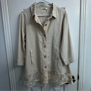 Simply Noelle Women's Beige Button-Front Linen Blend Tunic Jacket with Lace Hem